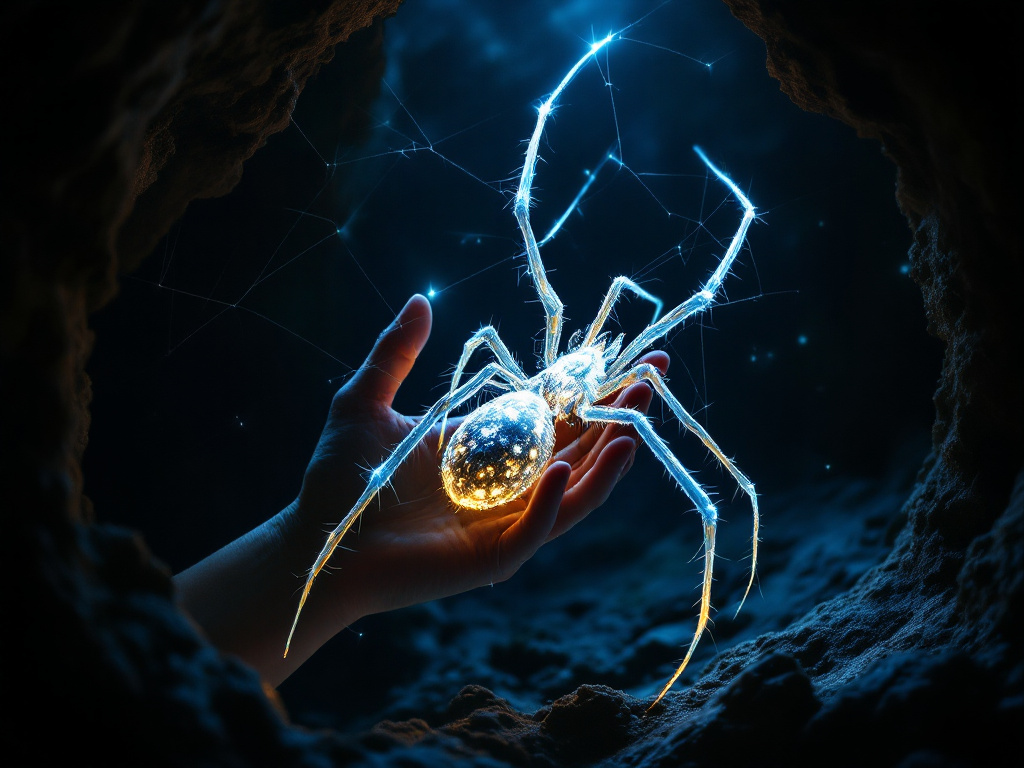 Dra. Elena Torres sosteniendo una araña bioluminiscente en una cueva oscura